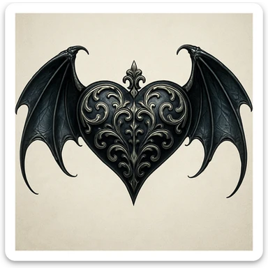gothic style heart with bat wings, black and silver colors sticker