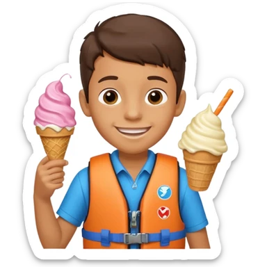 boy kid wearing lifejacket, holding ice cream sticker