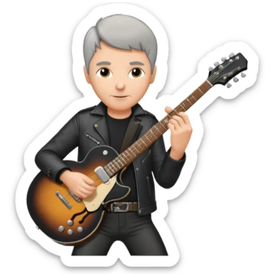 a short grey hair, middle age metal head with black leather, playing a classic epiphone eletric guitar sticker