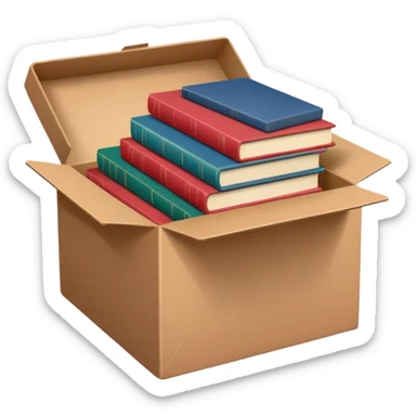 
An open brown cardboard box with softly rounded edges, filled with a small stack of colorful hardcover books (muted red, blue, and green). sticker