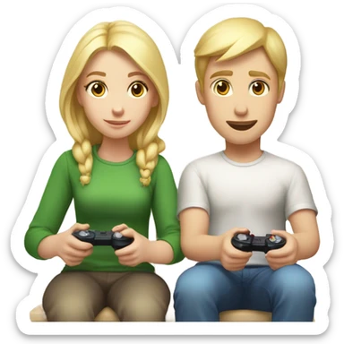 Blonde Girl with white skin and blonde boy with white skin sit playing with joysticks   sticker