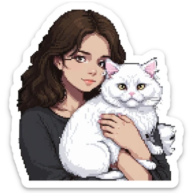 brunette girl snuggling white Persian cat sticker