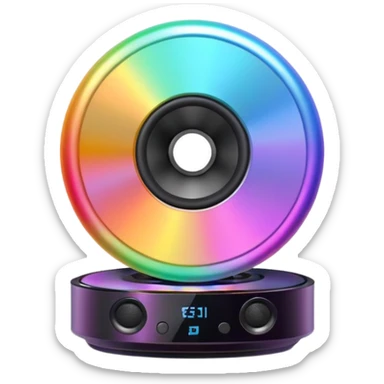 A speaker emoji 🔊 with a smooth CD-like surface that reflects iridescent colors shiny plastic body, prismatic reflections shifting across the front, soft sparkles and light gleams, holographic sheen, clean simple shape, bright colorful highlights sticker