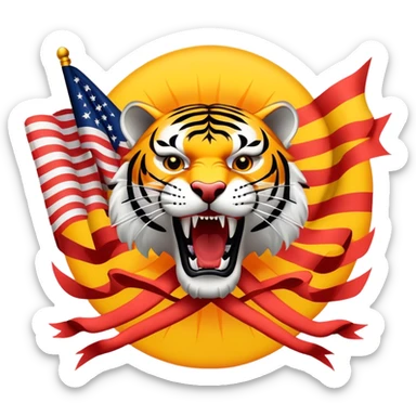 A flag where Tiger is roaring and a sun is behind and two guns cross behind the tiger sticker