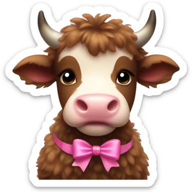 brown fluffy baby  cow with a small pink bow sticker