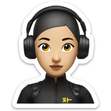 Buzz cut asian girl with buzzcut with all black ninja outfit with drone headset on TOP of head, not over eyes sticker
