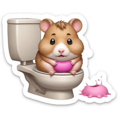 Cute chubby cartoon-style hamster sitting on toilet pooping looking as if he had an accident sticker
