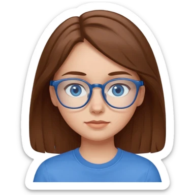 a brown haired girl with blue eyes and glasses with blue shirt that says crush sticker
