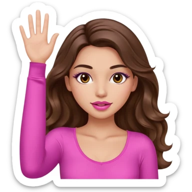 girl with long wavy brown hair, brown eyes, long lashes makeup, sexy pink lips, light to medium complexion, wearing a pink sexy top, one hand in the air high sticker