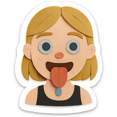 dirty blonde girl with blueish green eyes, black tank top, sticking tongue out and drooling sticker