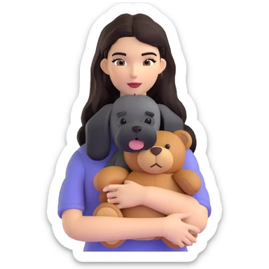Kendall Jenner with long dark hair, holds a brown teddy bear and a black schnauzer sticker