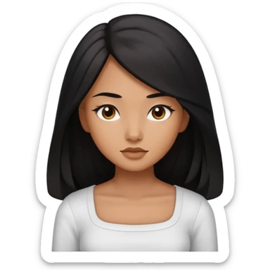 A deep skin girl (deep skin is caramel color not dark) with long black hair swept TO THE FRONT and a square neckline shirt and brown eyes sticker