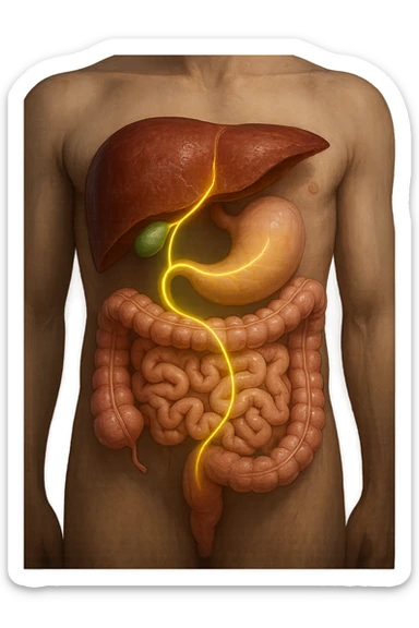 A detailed anatomical illustration-style image focusing on the human torso, highlighting the liver, gallbladder (cistifellea), and intestines. The organs are shown with realistic textures and colors: the liver in deep reddish-brown, the gallbladder as a small greenish sac tucked under the liver, and the intestines in soft pinkish hues. Connecting these organs are glowing, semi-transparent lines or light trails in vibrant colors (e.g., bright yellow or green) that visually trace the functional and physiological links between them. The lines flow smoothly from the liver to the gallbladder and then down to the intestines, symbolizing bile flow and digestive processes. The background is a subtle dark gradient that enhances the brightness and clarity of the lines and organs. The style is a blend of medical illustration and modern digital art, clear, precise, and visually engaging sticker