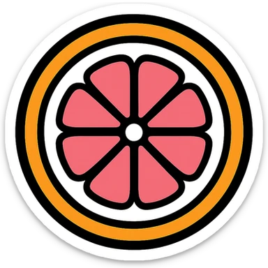 Edit the grapefruit icon to have an orange peel and pink inside. Keep the circular shape with a medium black border. The inside of the circle should have a white background, and the outside should be transparent. No sky or outdoor elements. Use color outline icon style. sticker