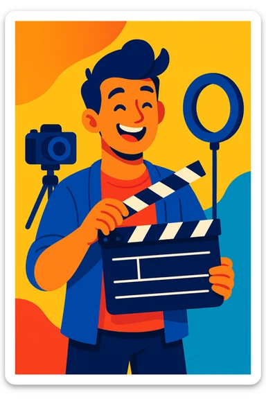 a content creator holding a clapperboard, vibrant and modern style sticker