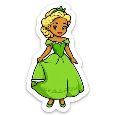 Disney Princess Tiana with super long blonde curly hair, green princess dress sticker