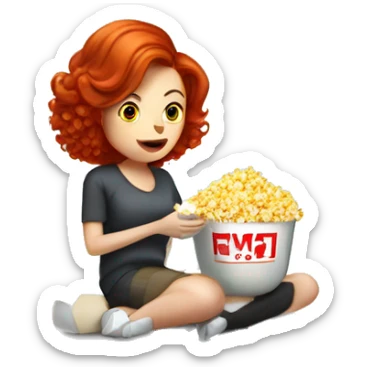 A redhead lady eating popcorn sitting down watching a robot vacuum  sticker