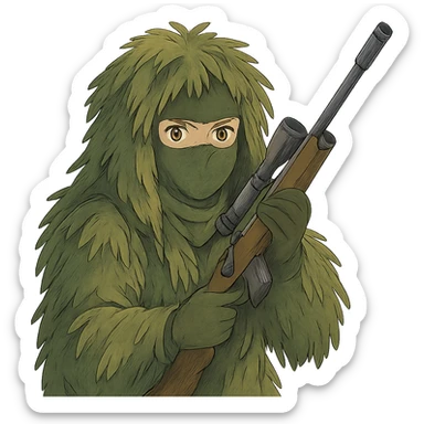 1 female, gold yellow eyes, face covered green balaclava, full military ghillie sniper camouflage, rifle up sticker