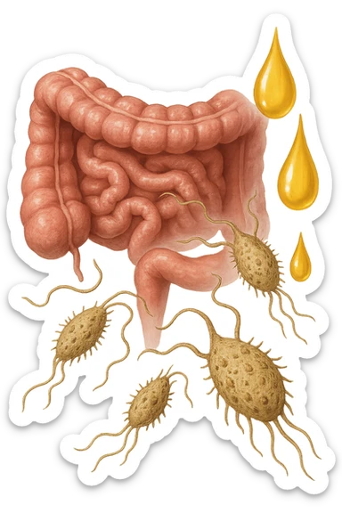 Realistic medical image of microscopic parasites leaving the intestines after taking natural kinesiological drops, symbolizing detox and cleansing. sticker