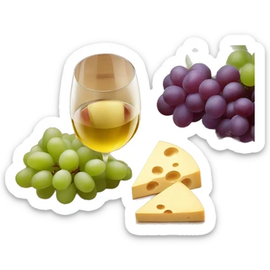 Wooden board with different kind of cheese, grapes and a glass of white wine sticker
