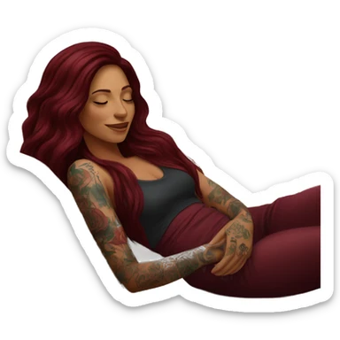 Beautiful tattooed burgundy long haired woman napping on sofa sticker