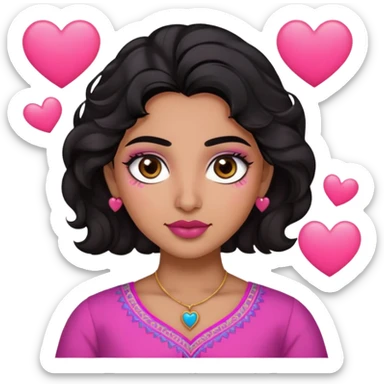 Black wavy hair , dark brown eyes, black brows, olive brown skin tone, pink lips, round eyes, heart shape face  , overall look is indian  sticker