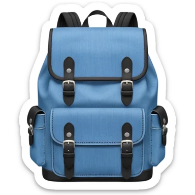 An emoji-style blue denim backpack with a flap top. Two short black buckle straps are attached only at the top flap, do  not extending to the bottom. The front is clean with no pockets or extended straps. The backpack has two side pockets. 


 sticker