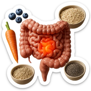 intestino umano anatomico infiammato al centro con carota, bowl di avena, mirtilli, bowl di semi di chia che gli fluttuano intorno , iperrealistico 4k sticker