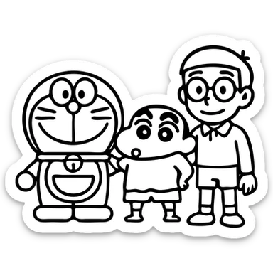 Add Nobita to the group with Doraemon and Shinchan as a simple and cute outlined icon, no background, minimalistic and clean lines. sticker