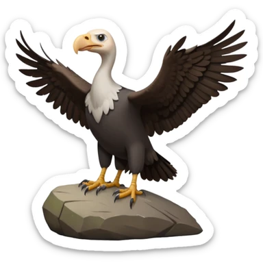 a vulture — large bird with dark brown feathers, bald WHİTE head, curved beak and sharp eyes — standing proudly on a rock — wings slightly open — realistic yet cute cartoon emoji look, clean lighting, soft shadows. sticker