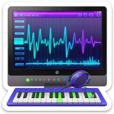 Create a creative and inspiring emoji that represents writing music tracks. The design should feature musical notes, a pen or pencil, and a digital audio workstation (DAW) interface or a computer screen with a visible waveform, symbolizing the process of composing and arranging a track. Add elements like a metronome or a pair of headphones to reflect the recording and editing aspects. Use vibrant colors like electric blue, purple, or neon green to represent creativity and innovation in music production. The background should be transparent. sticker