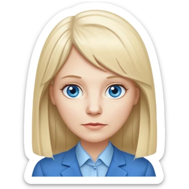 450 yr old white woman, pale skin, long straight blond hair parted in center, blue eyes, bangs, clothes for office sticker