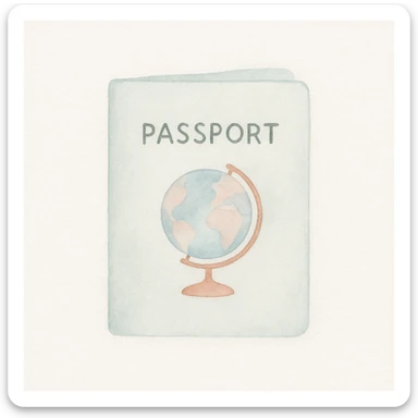 soft watercolor illustration in a minimalist modern style, pastel colors, delicate linework, gentle whimsical mood, minimal soft shading, passport sticker