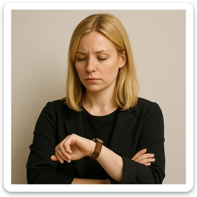 a blonde-haired woman glancing at her watch, waiting, simple background sticker
