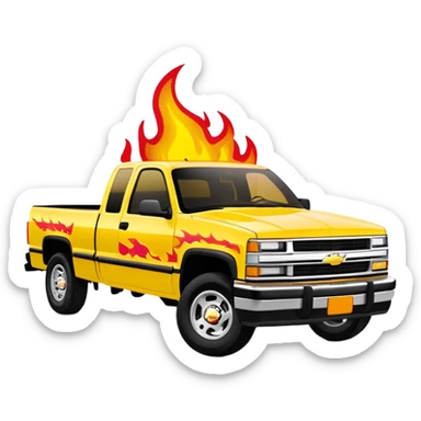 1997 Chevrolet Silverado C-2500 in bright yellow with screen-accurate red flame decal printed on the hood, faithful to Kill Bill movie design, 30-degree angle, iOS emoji style sticker