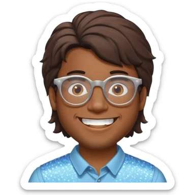 Brown guy with glasses with a whiffed front and puffed mullet, smiling with his teeth together and a sparkle from his teeth sticker
