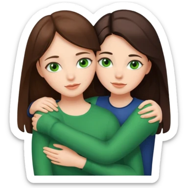 A brunette sister with green eyes and a brunette sister with green eyes in different clothes together hugging sticker