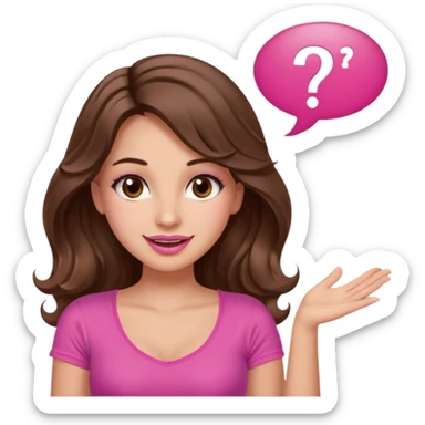 girl with long wavy brown hair, brown eyes, long lashes makeup, sexy pink lips, light to medium complexion, wearing a pink sexy top, shugging, smiling, question mark one speech bubble sticker