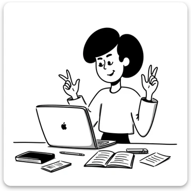 A smiling musician sitting at a desk with a laptop, raising hand during class sticker