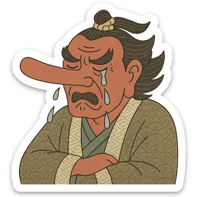 ukiyo-e style tengu with long nose crying, traditional Japanese illustration sticker