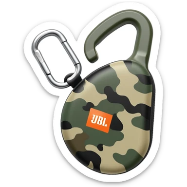Extremely simplified JBL Clip 4, flat design with subtle camouflage pattern, single carabiner hook, iOS emoji style sticker
