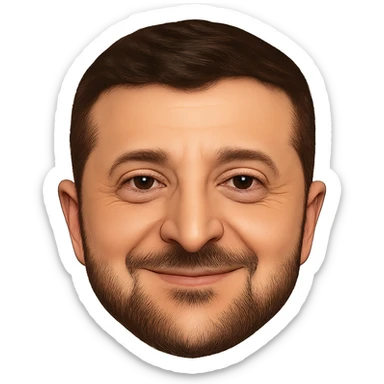 Vladimir Zelensky as an emoji with a round face, close likeness to his real face, detailed hair, beard, and eyes, friendly smile, high quality sticker
