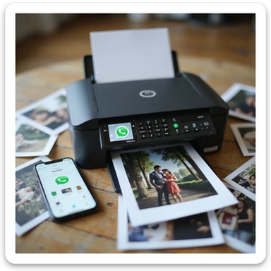 realistic thumbnail image for a WhatsApp print out service, showing a printer surrounded by printed photos and documents, with a phone displaying WhatsApp and file icons for images and documents visible sticker