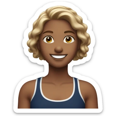 A brown light haired girl with hazel eyes smiling in a navy blue surf tank top.  sticker