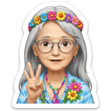 elderly woman with long grey hair, glasses, peace sign necklace, tie-dye clothing, flower crown sticker
