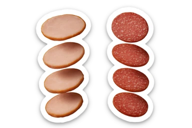 fettine di prosciutto cotto e di salame fluttuano in aria verticalmente, IPERREALISTICA 4K sticker