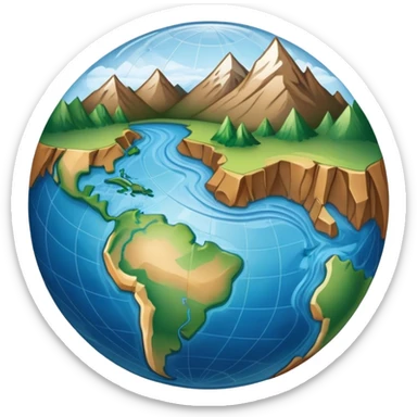 an icon featuring an earth with attitude and longitude lines, a textbook, and a topographic map, symbolizing geography as a science. The design includes a compass, mountain ranges, and rivers, representing the study of Earth's features and landscapes. Transparent background highlights geography. sticker