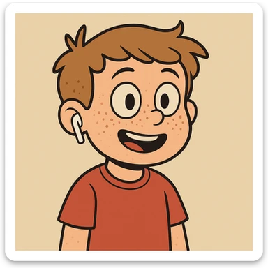 Add freckles to the boy's face and one AirPod in his right ear, keep the cartoon style consistent with flat toon style. sticker