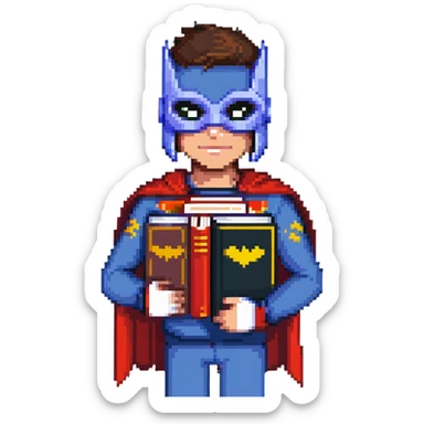 student with superhero mask and books sticker