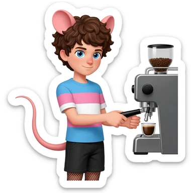 a white twink boy with blue eyes, short curly brown hairs and rat ears, he has a rat tail. he is dressed in a short shade of the color trans flag and short black shorts with mesh stockings. He is making coffee with professional coffee machine sticker